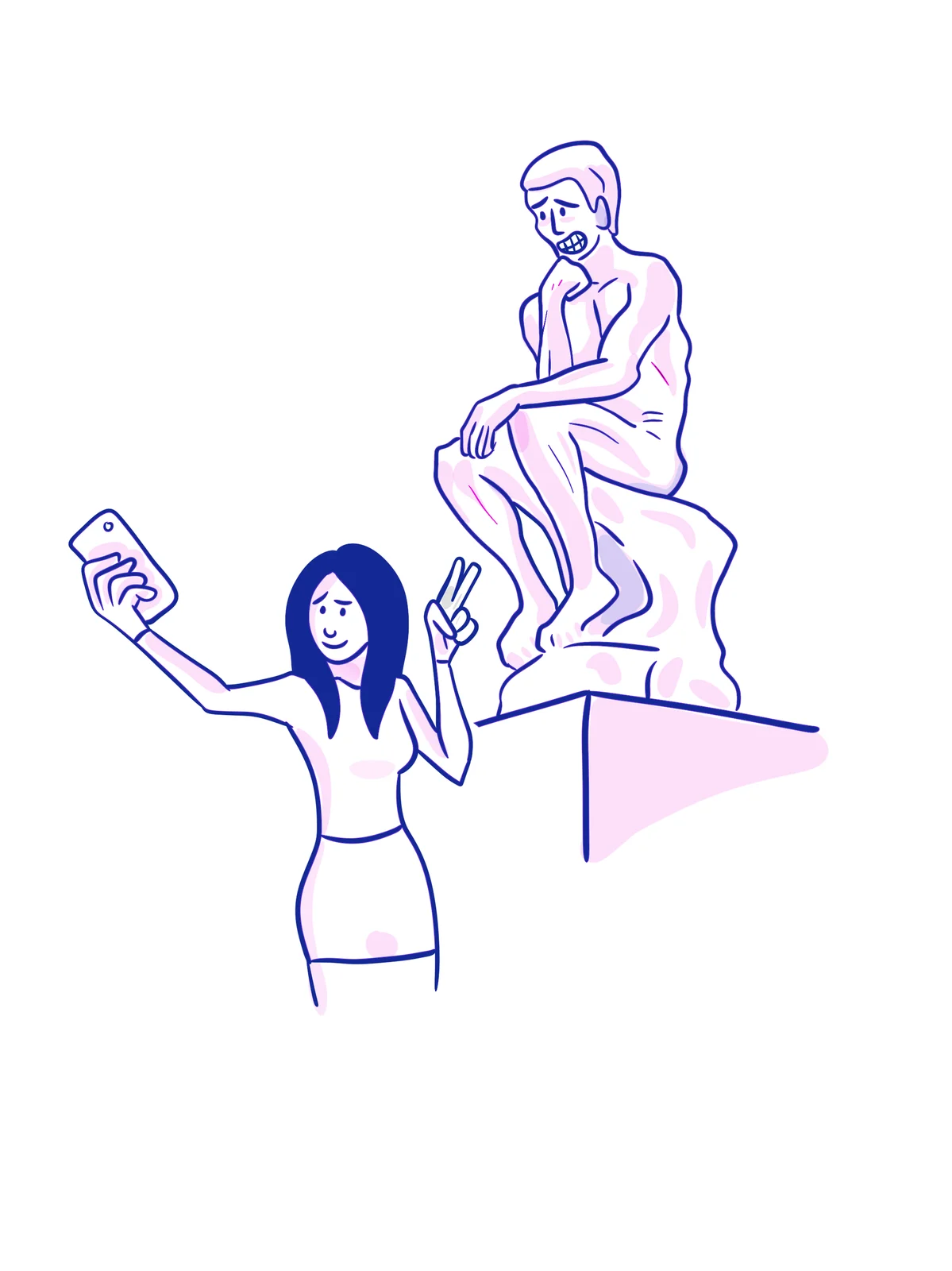 Une visiteuse devant le Penseur, dessin original de Michel
